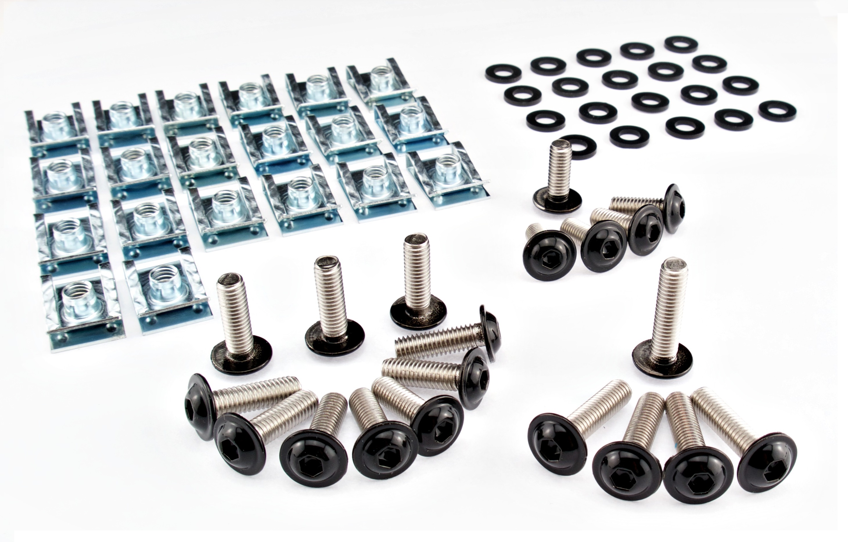 Set of stainless steel screws with black heads + fairing clips + plastic washers